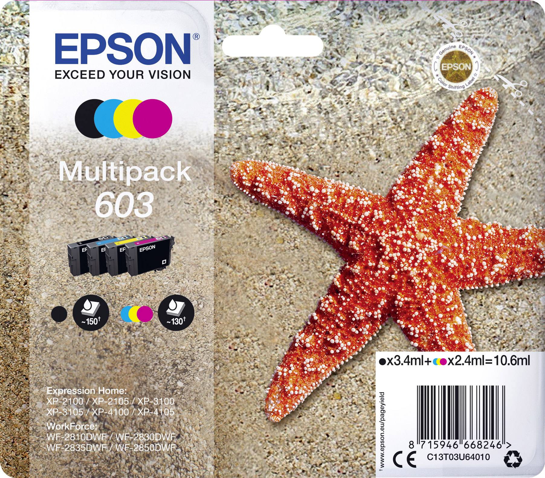 Epson Inktcartridge T03U64, 603 Origineel Combipack Zwart, Cyaan, Magenta, Geel C13T03U64010