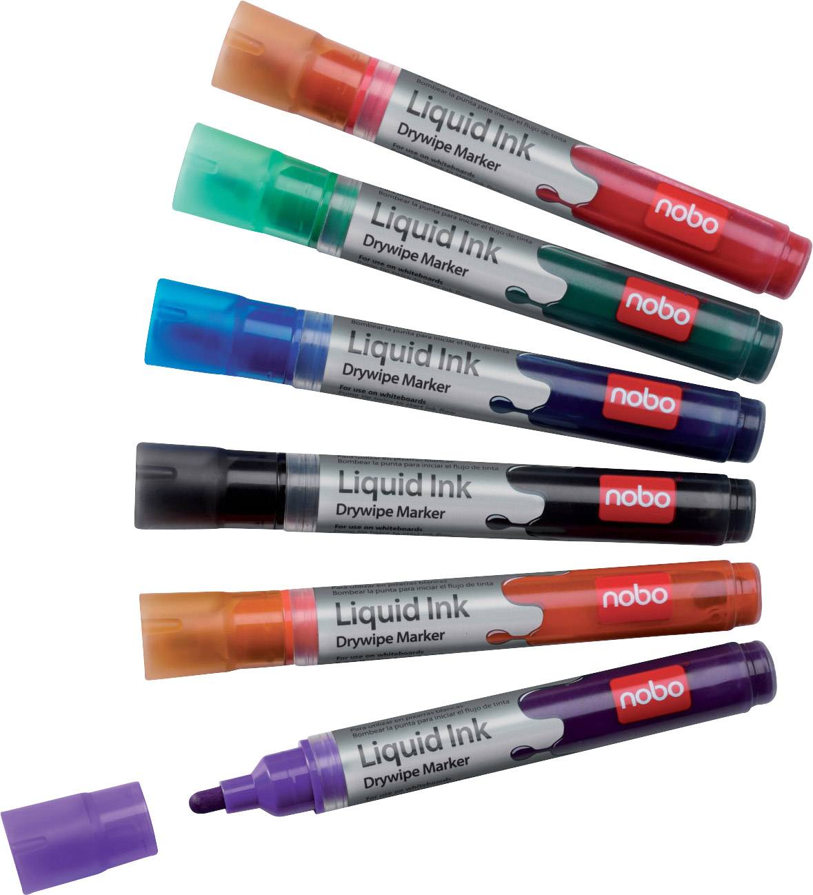 nobo Liquid Ink 1901419 Whiteboardmarkerset Zwart, Rood, Groen, Blauw, Oranje, Violet 6 stuk(s)