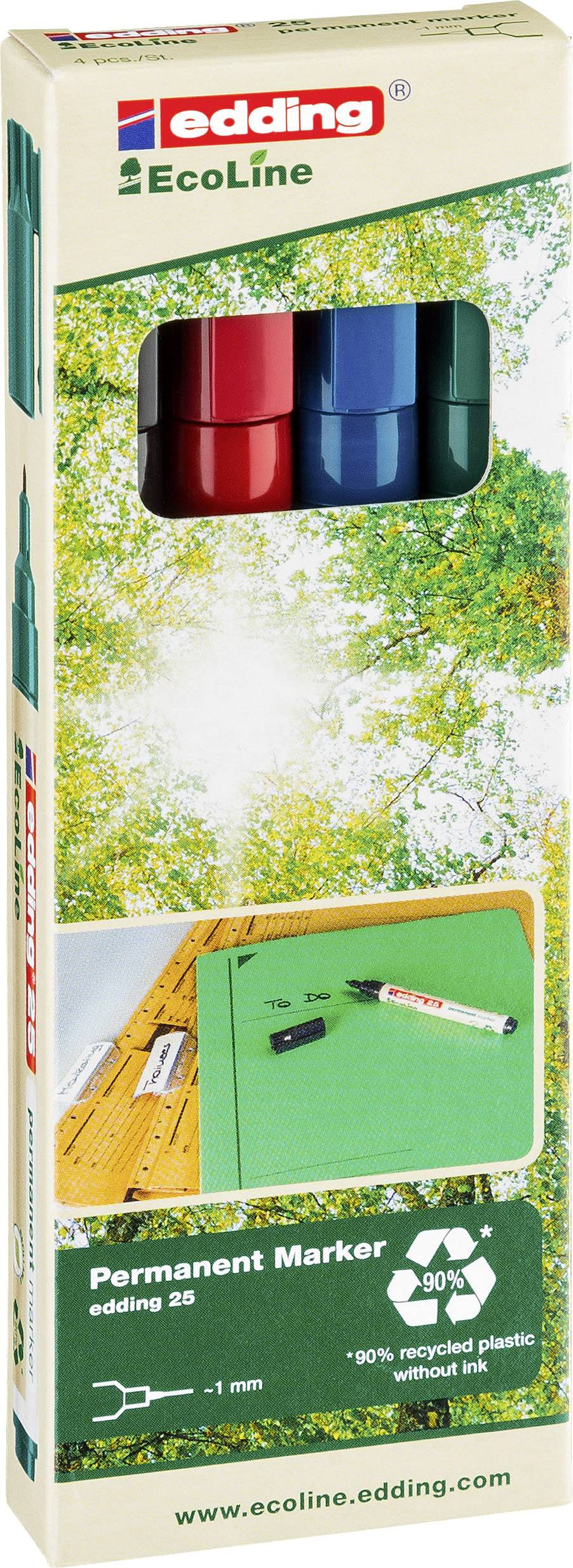 Edding 25 EcoLine 4-25-4 Permanent marker Zwart, Rood, Blauw, Groen Watervast: Ja