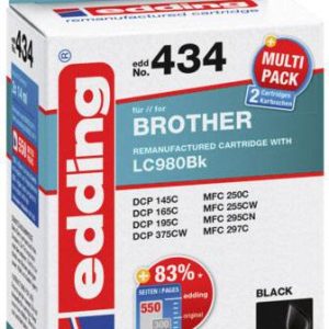Edding Inktcartridge vervangt Brother LC-980BK Compatibel 2-pack Zwart EDD-434 18-434 Edding Inktcartridge vervangt Brother LC-980BK Compatibel 2-pack Zwart EDD-434 18-434