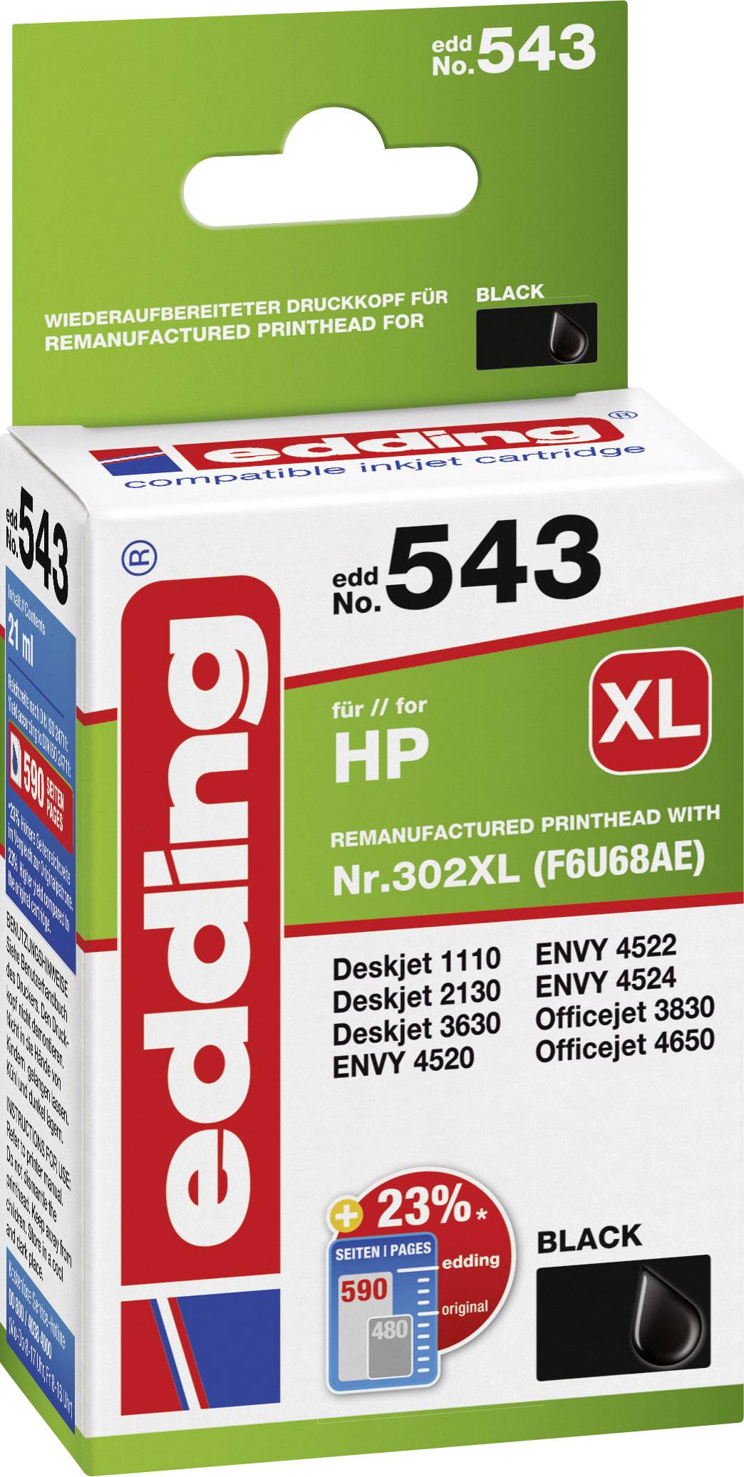 Edding Inktcartridge vervangt HP 302XL, F6U68AE Compatibel Zwart EDD-543 18-543