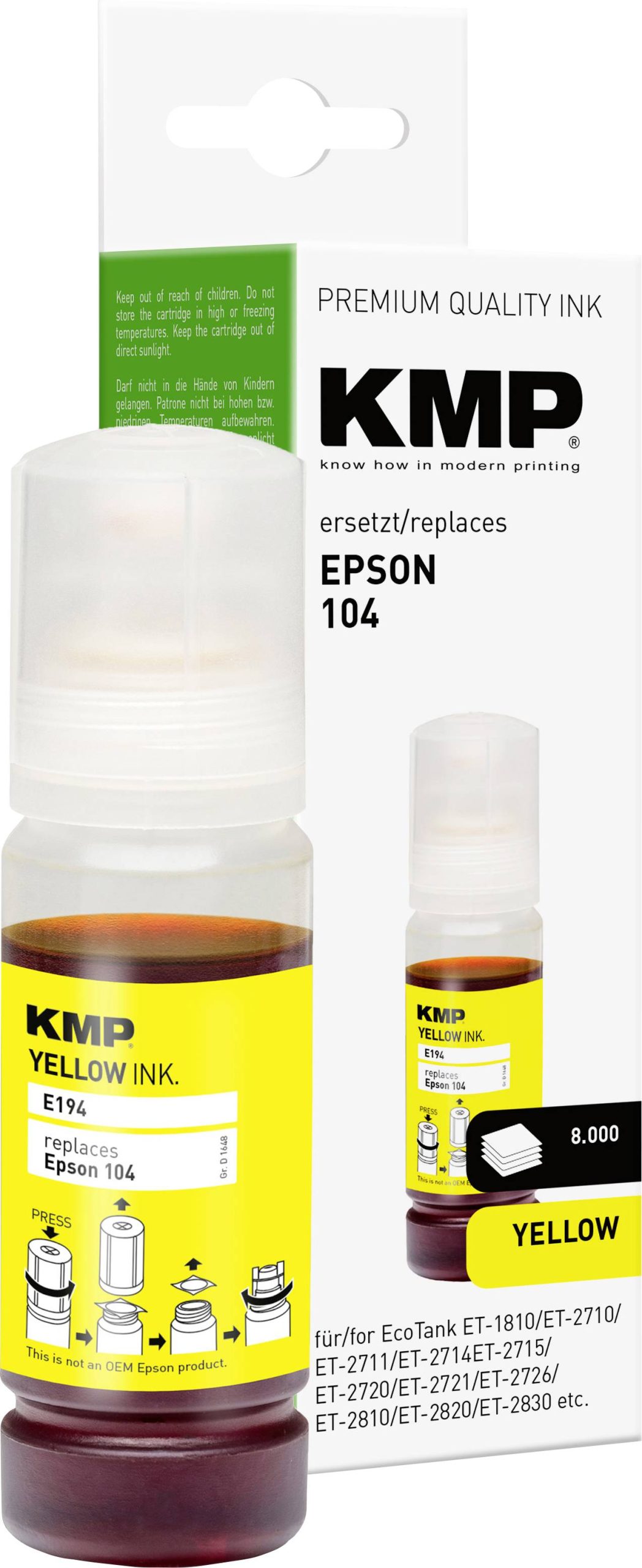 KMP Navulinkt vervangt Epson 104, T00P4 Compatibel Geel 70 ml E194 1648,0009