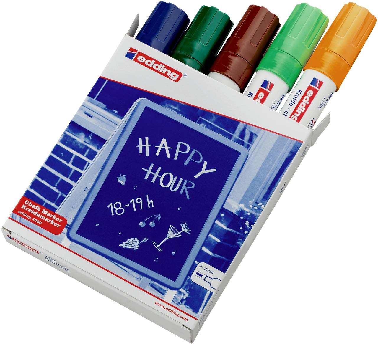 Edding 4090 Krijtmarker Blauw, Groen, Bruin, Lichtgroen, Neon-oranje 4 mm, 15 mm