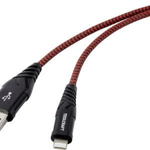 TOOLCRAFT TO-6899490 USB-kabel USB 2.0 USB-A stekker, Apple Lightning stekker 1.00 m Zwart-rood Extreem robuust gevlocht