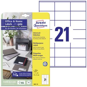 Avery-Zweckform 3481-10 Universele etiketten 70 x 41 mm Papier Wit 210 stuk(s) Permanent hechtend Laser (kleur), Laser (