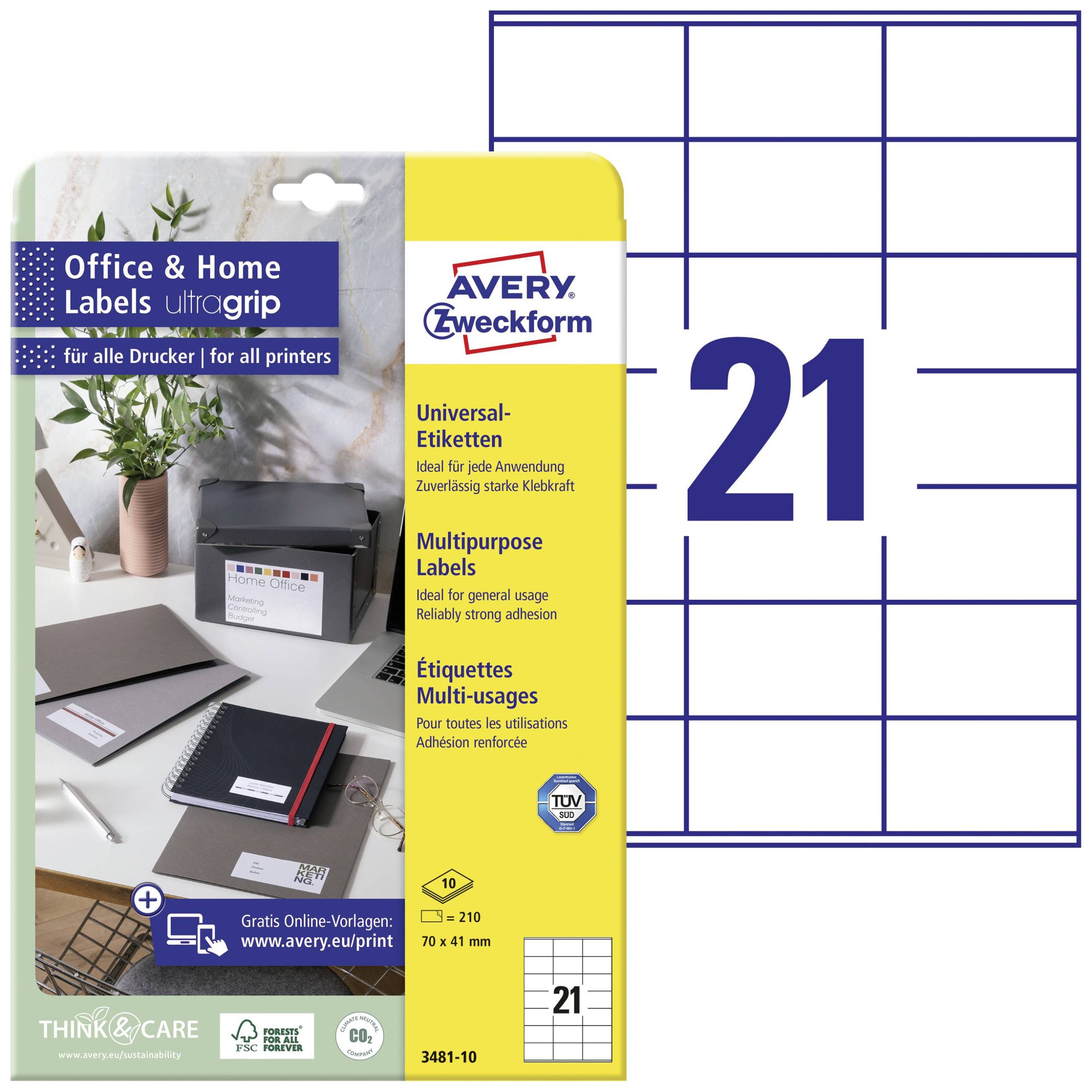 Avery-Zweckform 3481-10 Universele etiketten 70 x 41 mm Papier Wit 210 stuk(s) Permanent hechtend Laser (kleur), Laser (