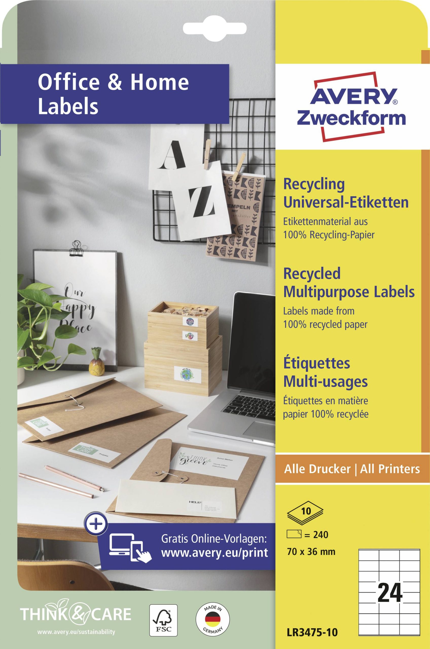 Avery-Zweckform LR3475-10 Universele etiketten 70 x 36 mm Kringlooppapier Wit 240 stuk(s) Permanent hechtend Laser (kleu
