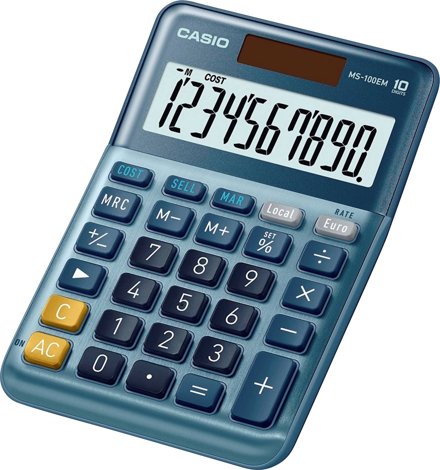 Casio MS-100EM Bureaurekenmachine Blauw Aantal displayposities: 10 werkt op zonne-energie (l x b) 101 mm x 149 mm
