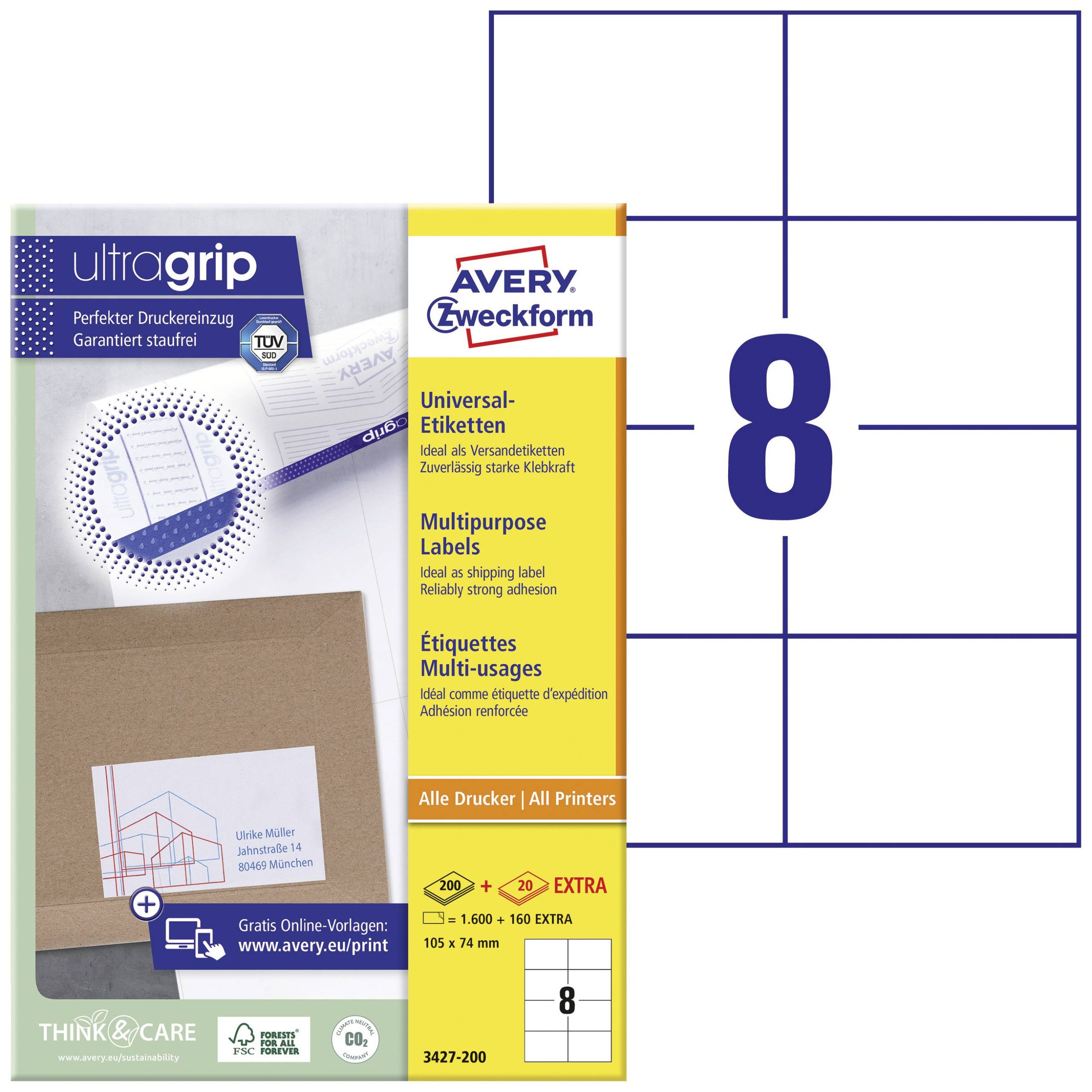 Avery-Zweckform 3427-200 105 x 74 mm Papier Wit 1760 stuk(s) Permanent hechtend Universele etiketten 220 vel DIN A4