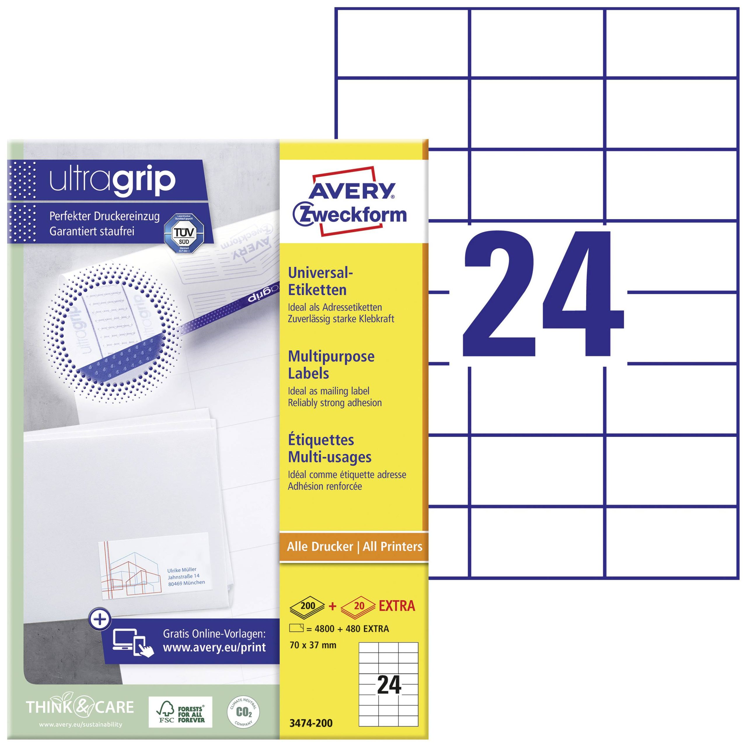 Avery-Zweckform 3474-200 70 x 37 mm Papier Wit 5280 stuk(s) Permanent hechtend Universele etiketten 220 vel DIN A4