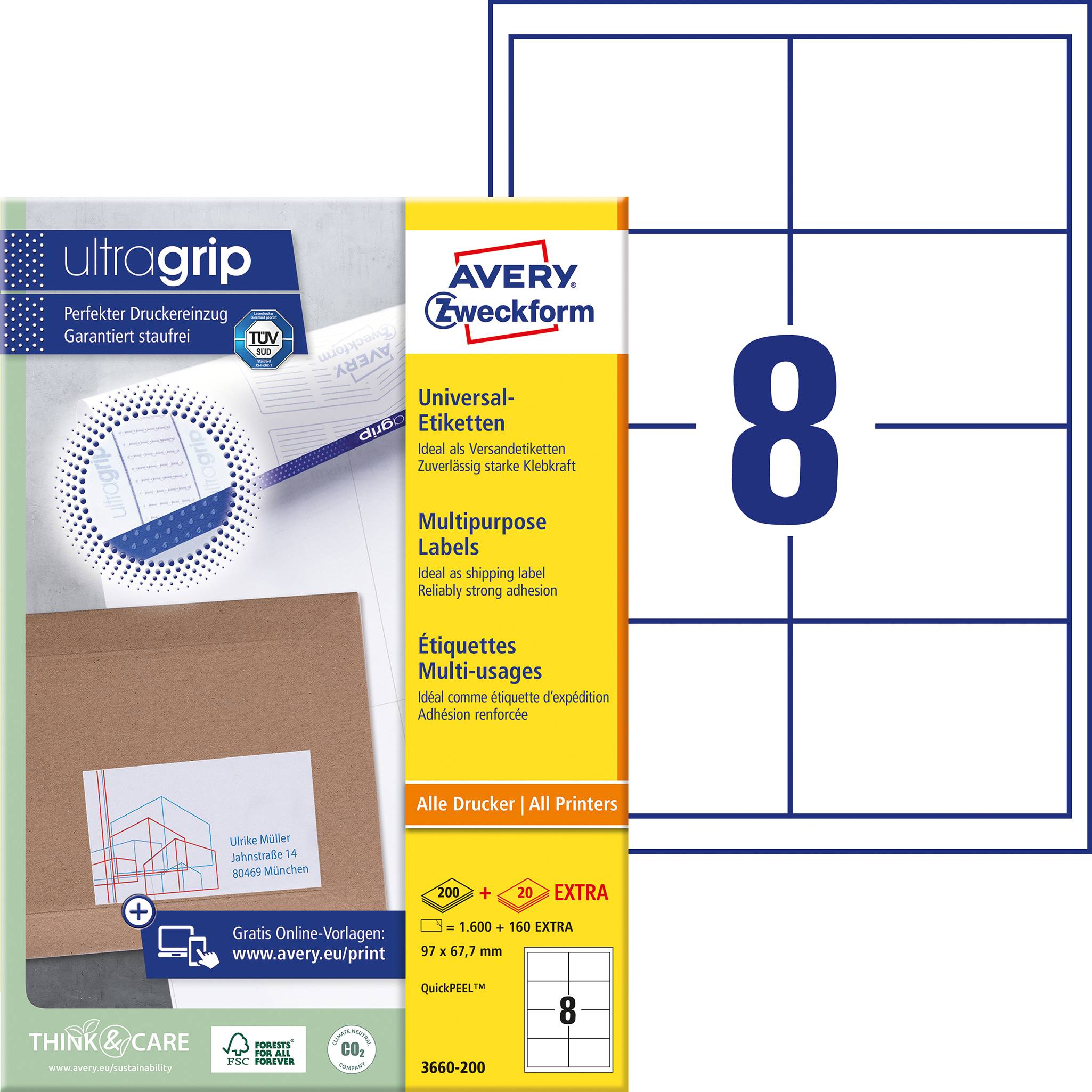Avery-Zweckform 3660-200 97 x 67.7 mm Papier Wit 1760 stuk(s) Permanent hechtend Universele etiketten 220 vel DIN A4