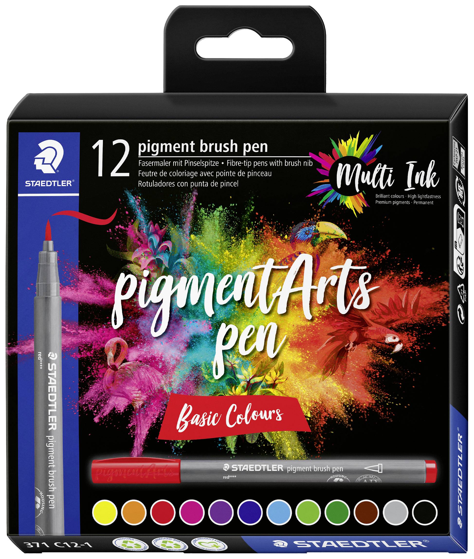 Staedtler pigment brush pen Basic Colours 371 C12-1 Fineliner Diverse kleuren 12 stuk(s)