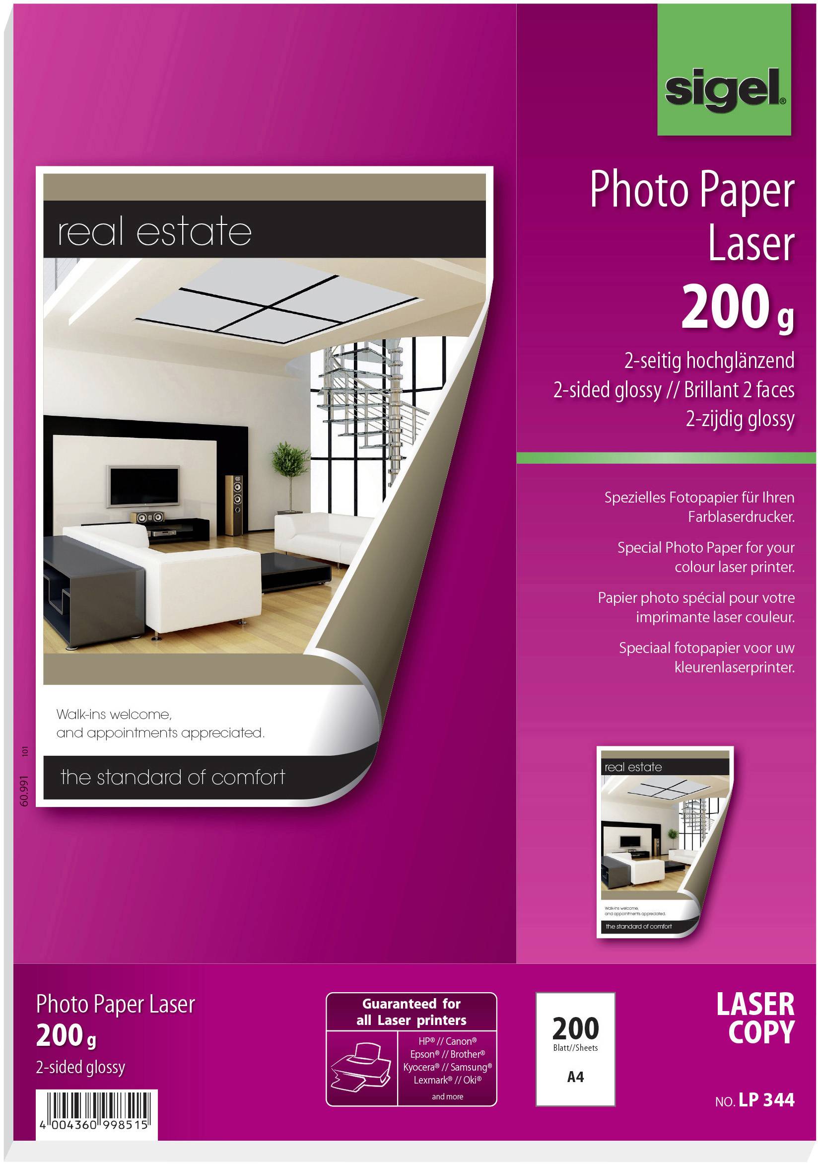 Sigel LP344 Fotopapier DIN A4 200 g/m² 200 vellen Dubbelzijdig bedrukbaar, Hoogglans, Geoptimaliseerd voor laser