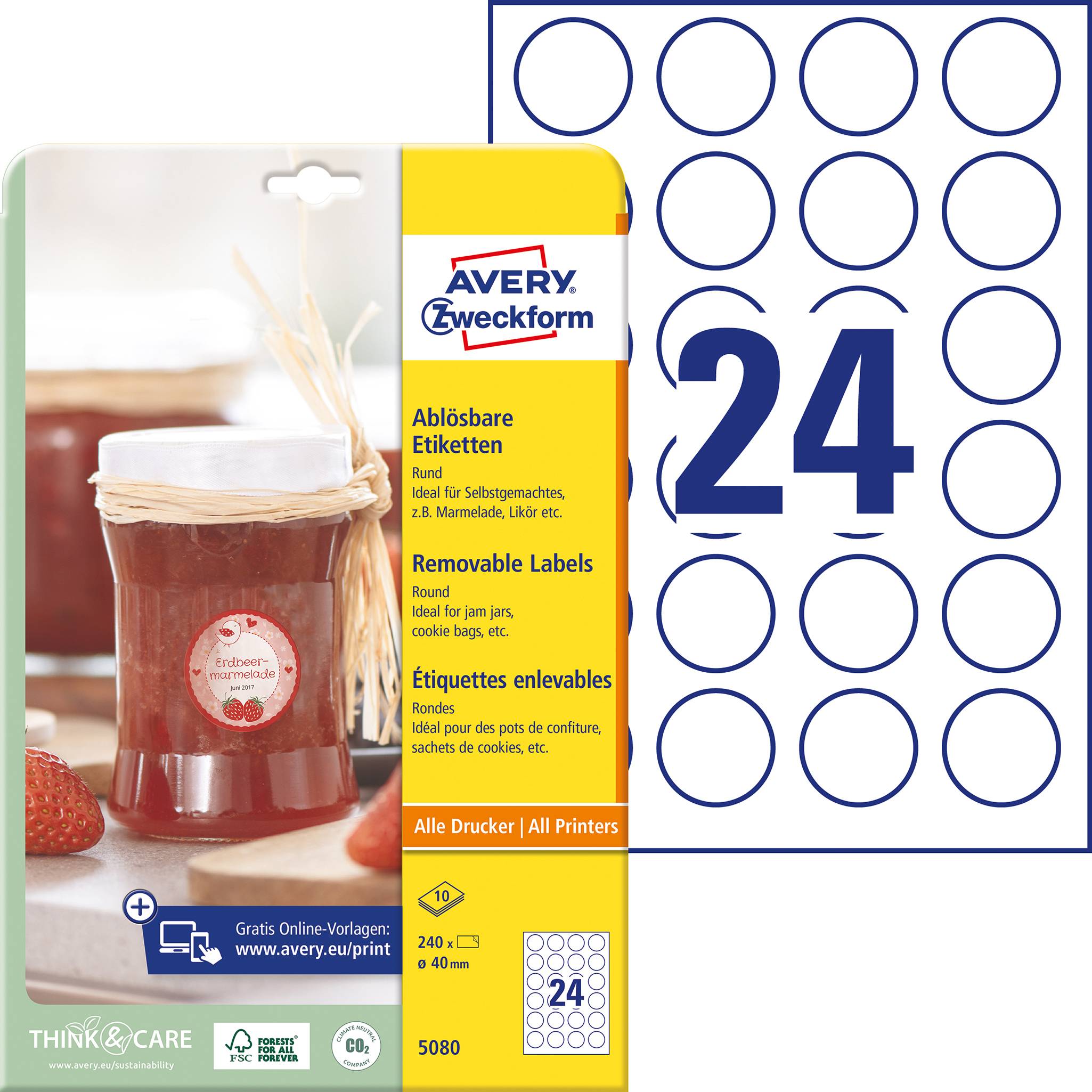 Avery-Zweckform 5080 Universele etiketten Ø 40 mm Papier Wit 1 set(s) Weer verwijderbaar Inkjet, Laser (zwart/wit), Lase