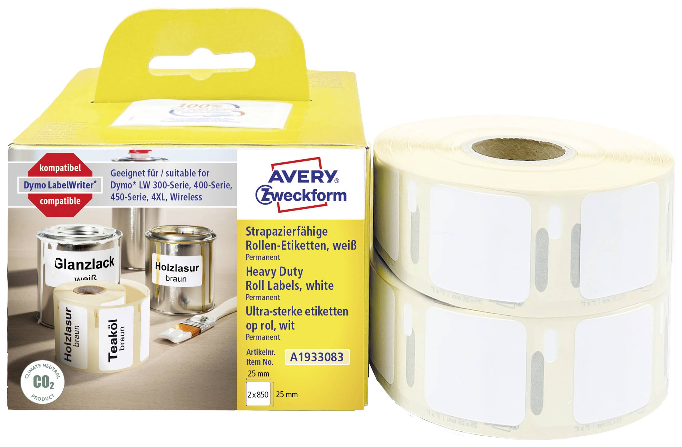 Avery-Zweckform A1933083 Etiketten (rol) 25 x 25 mm Folie Wit 1 set(s) Universele etiketten