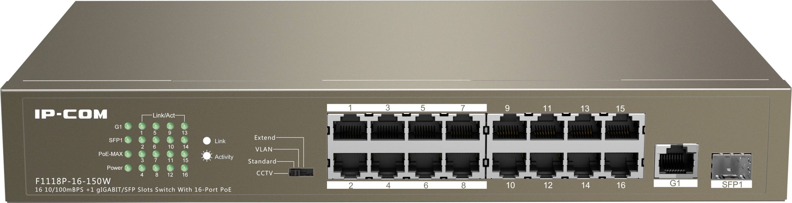 IP-COM Networks F1118P-16-150WV2.0 F1118P-16-150WV2.0 Netwerk switch 16 poorten 10 / 100 MBit/s PoE-functie