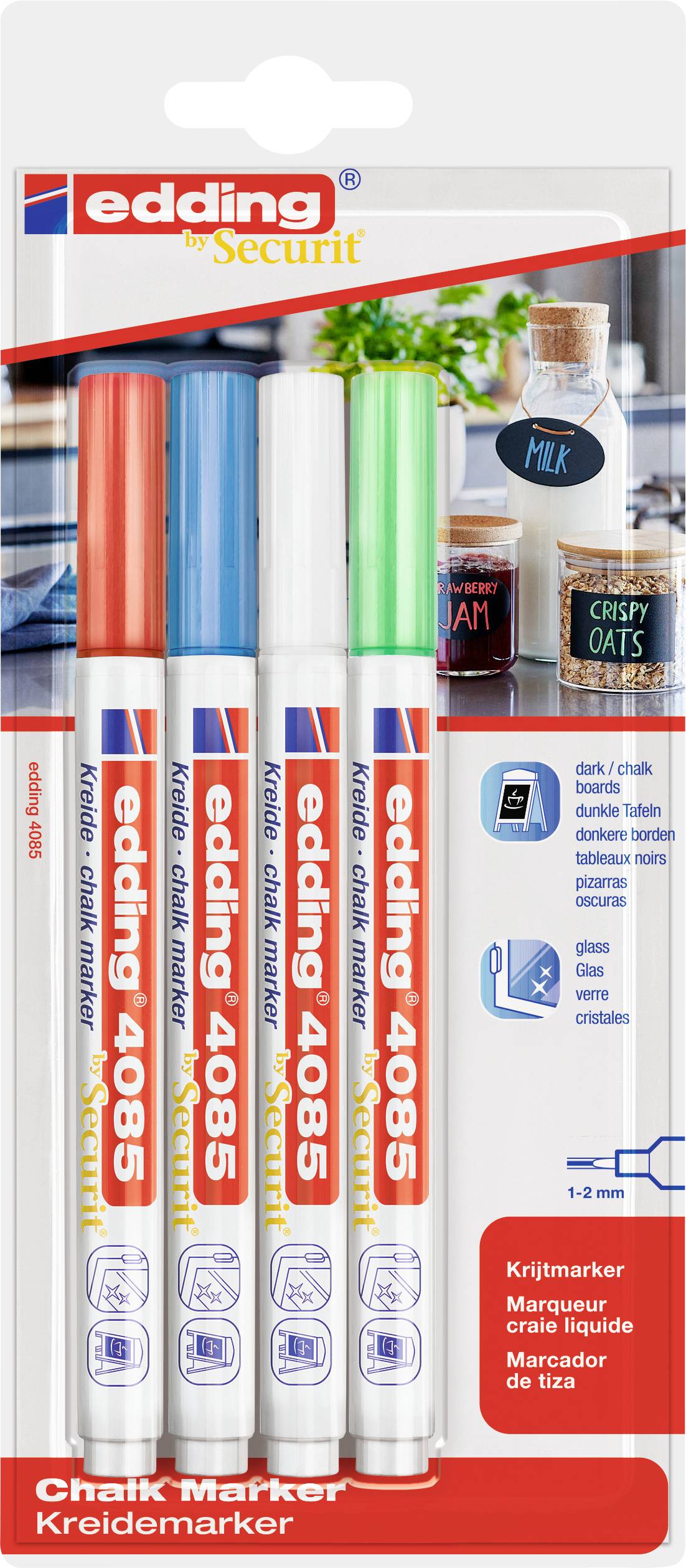 Edding 4085 Krijtmarker Lichtblauw, Neon-groen, Rood, Wit 1 mm, 2 mm
