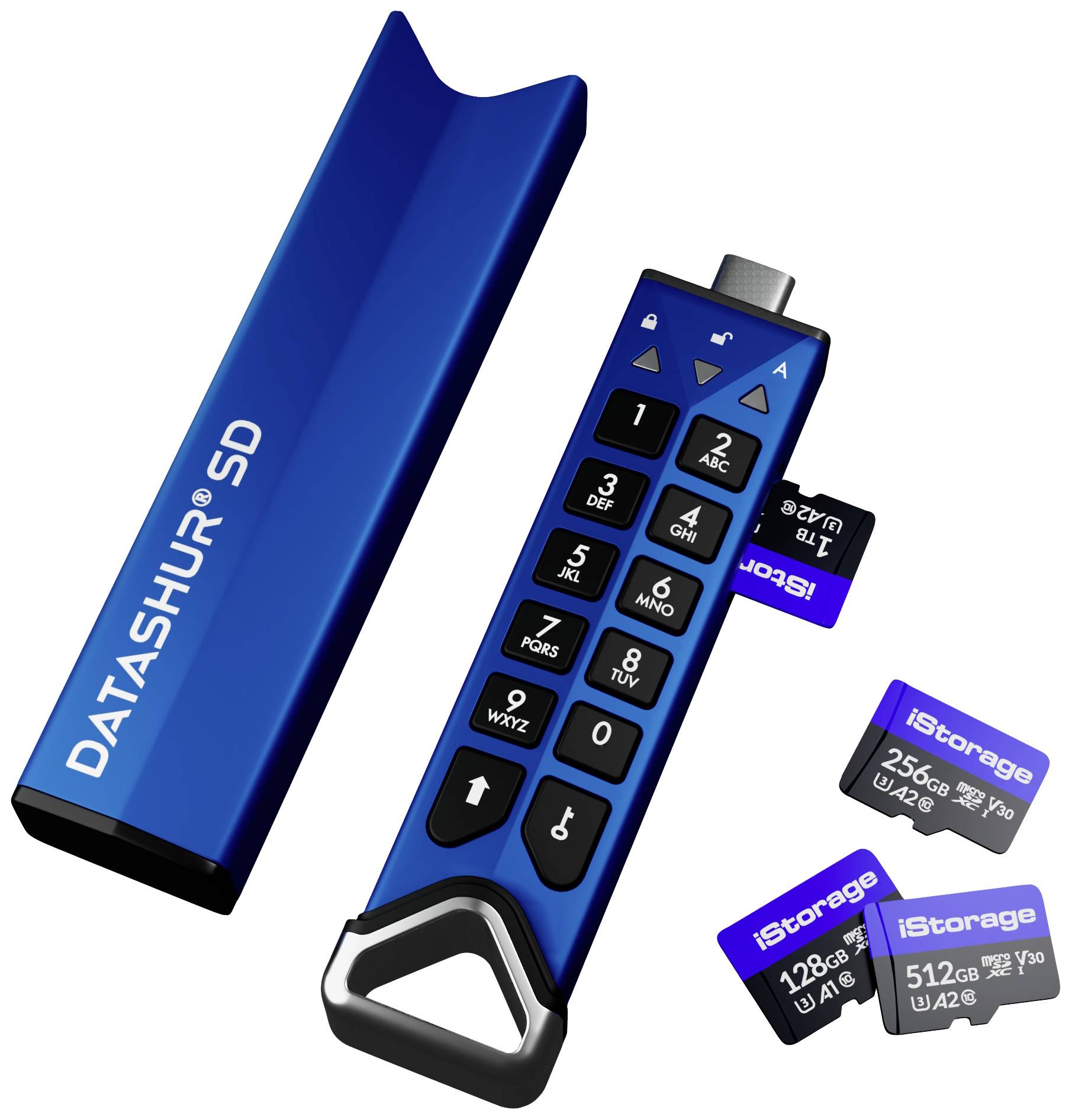 iStorage IS-FL-DSD-256-SP Externe geheugenkaartlezer 0 GB Blauw IS-FL-DSD-256-SP USB-C 3.2