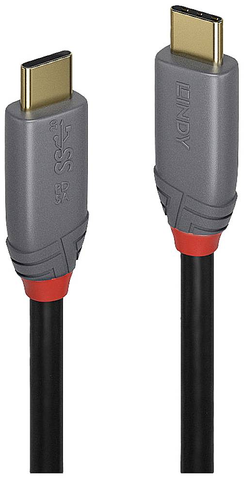 LINDY 36901 USB-kabel USB 3.2 Gen2x2 USB-C stekker, USB-C stekker 1.00 m Zwart, Grijs PVC-mantel, Rond, Vergulde steekco