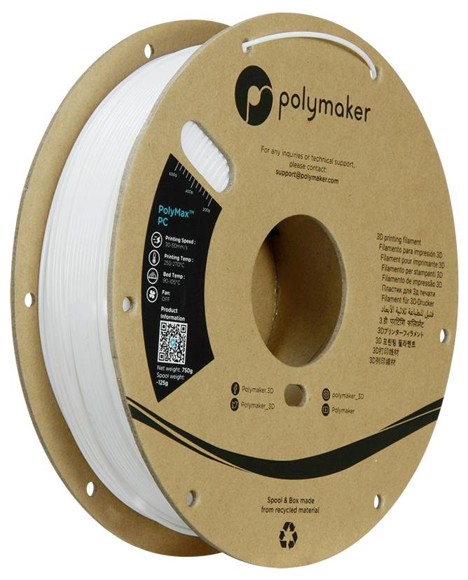 Polymaker PC02002 Polymax Tough Filament PC (polycarbonaat) Hoge stijfheid, Hittebestendig, Slagvast 1.75 mm 750 g Wit 1