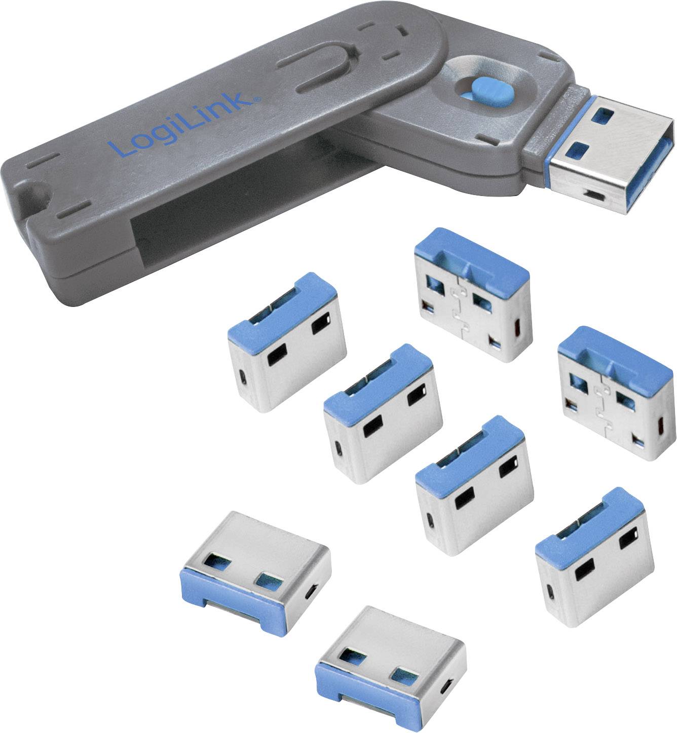 LogiLink AU0045 USB-A-poortslot Set van 8 stuks Zilver, Blauw Sleutelslot Incl. 1 sleutel