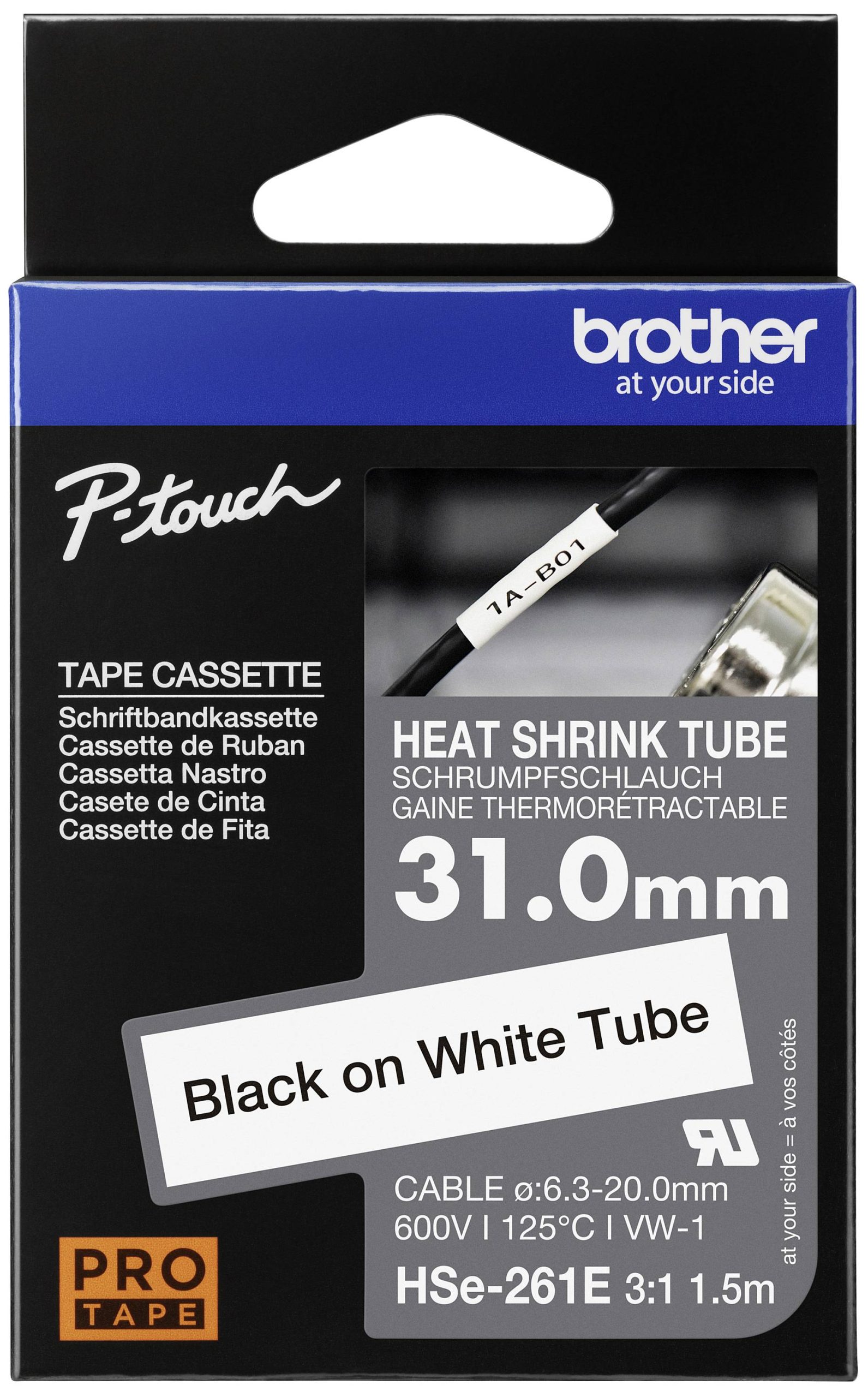 Brother HSE261E Labeltape krimpkous Tapekleur: Wit Tekstkleur: Zwart 31 mm 1.5 m