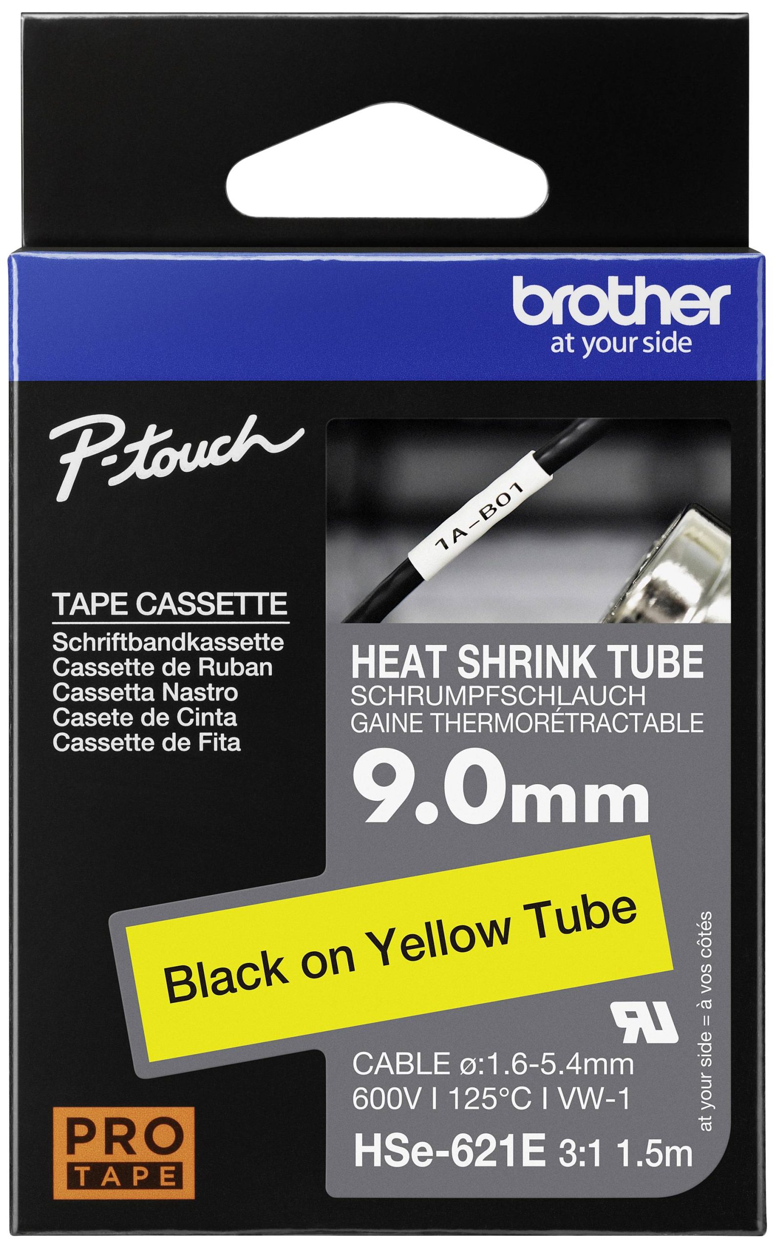 Brother HSE621E Labeltape krimpkous Tapekleur: Geel Tekstkleur: Zwart 9.0 mm 1.5 m