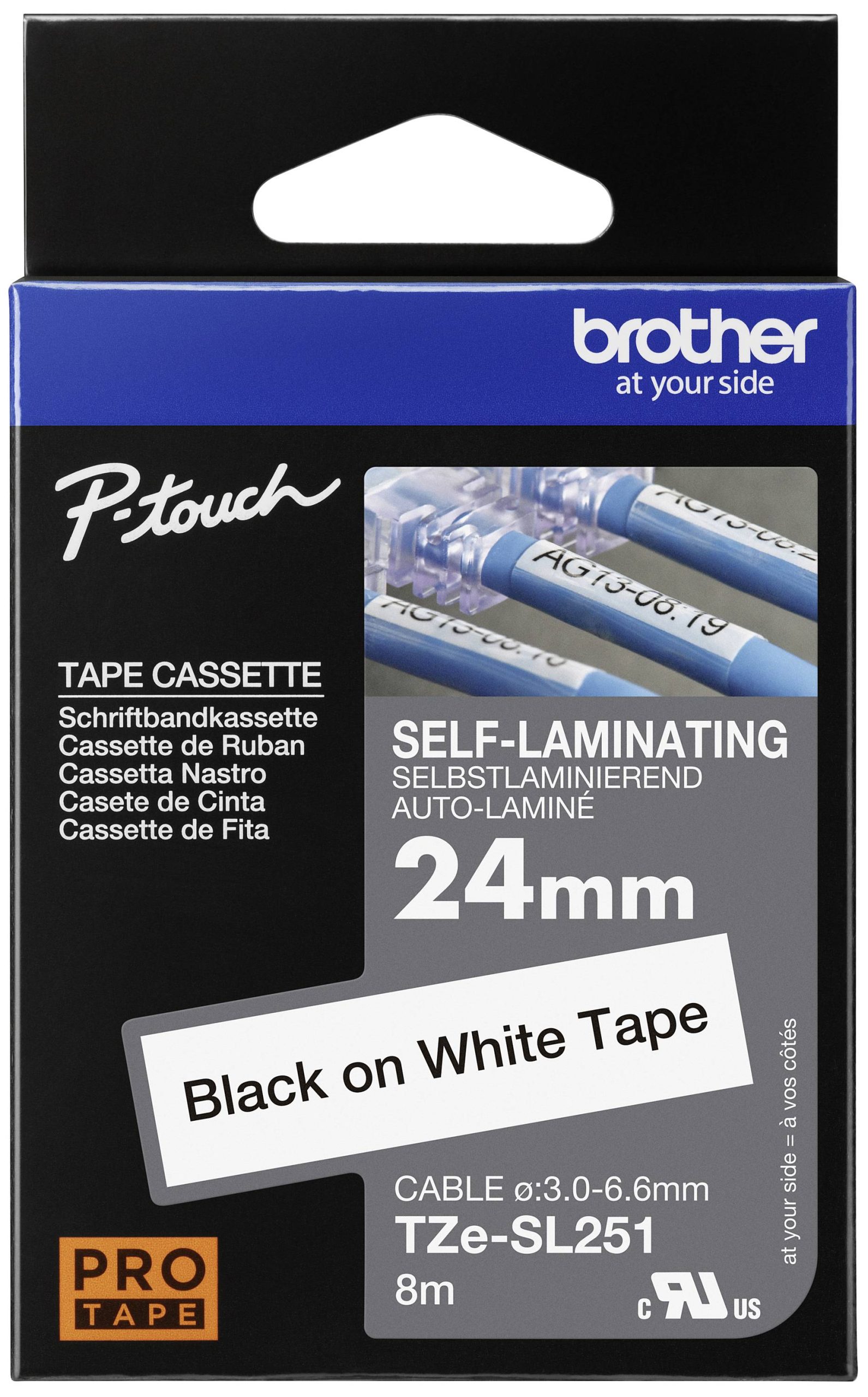 Brother TZESL251 Labeltape zelflaminerend Tapekleur: Wit Tekstkleur: Zwart 24 mm 8 m