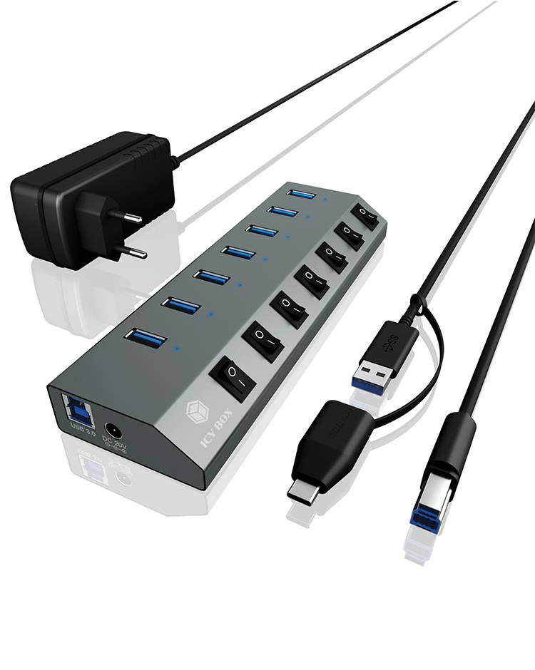 ICY BOX IB-HUB1701-C3, 7 Port USB 3.0 Type-A Hub, Aluminium Gehäuse, mit 7x USB Type-A, 60838 USB-hub 7 poorten USB-A US