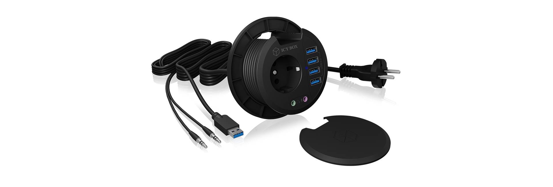 ICY BOX IB-HUB1430, 4 Port USB 3.0 Type-A Tisch-Hub mit Audio Ein-/Ausgang und Schuko St 60633 USB-hub 4 poorten USB-A,
