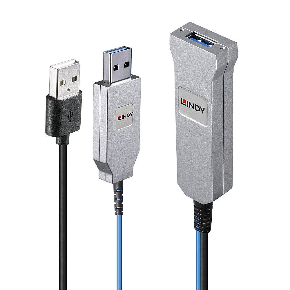 LINDY 43345 USB-kabel USB 3.2 Gen1 USB-A stekker, USB-A stekker, USB-A bus 30.00 m Blauw, Zilver