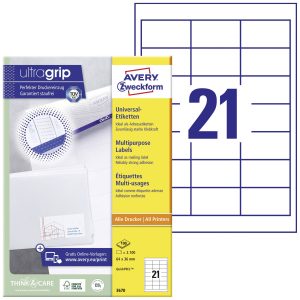 Avery-Zweckform 3670 Universele etiketten 64 x 36 mm Papier Wit 2100 stuk(s) Permanent hechtend Laser (zwart/wit), Laser