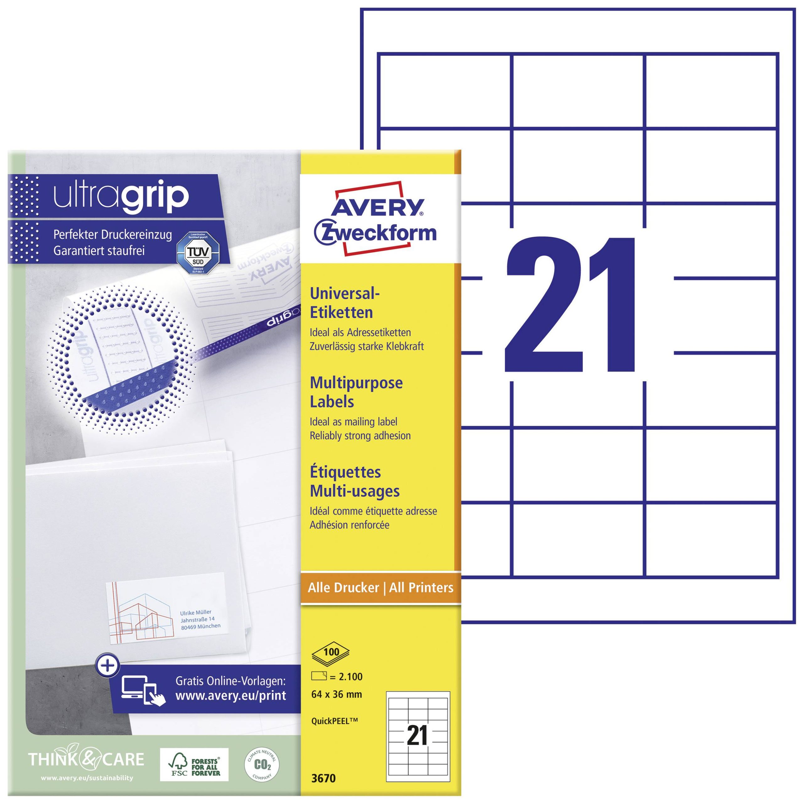 Avery-Zweckform 3670 Universele etiketten 64 x 36 mm Papier Wit 2100 stuk(s) Permanent hechtend Laser (zwart/wit), Laser