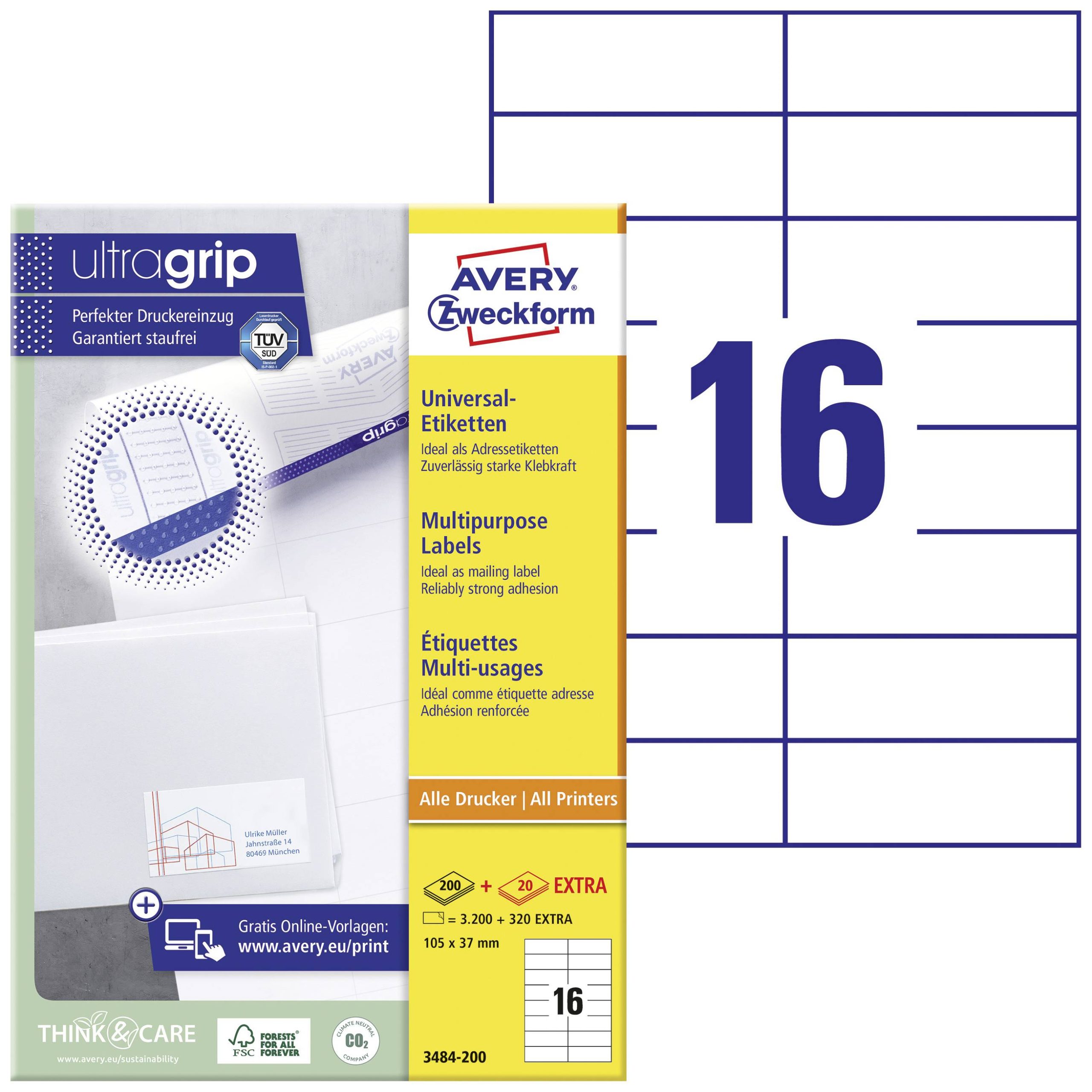 Avery-Zweckform 3484-200 Universele etiketten 105 x 37 mm Papier Wit 3520 stuk(s) Permanent hechtend Laser (zwart/wit),