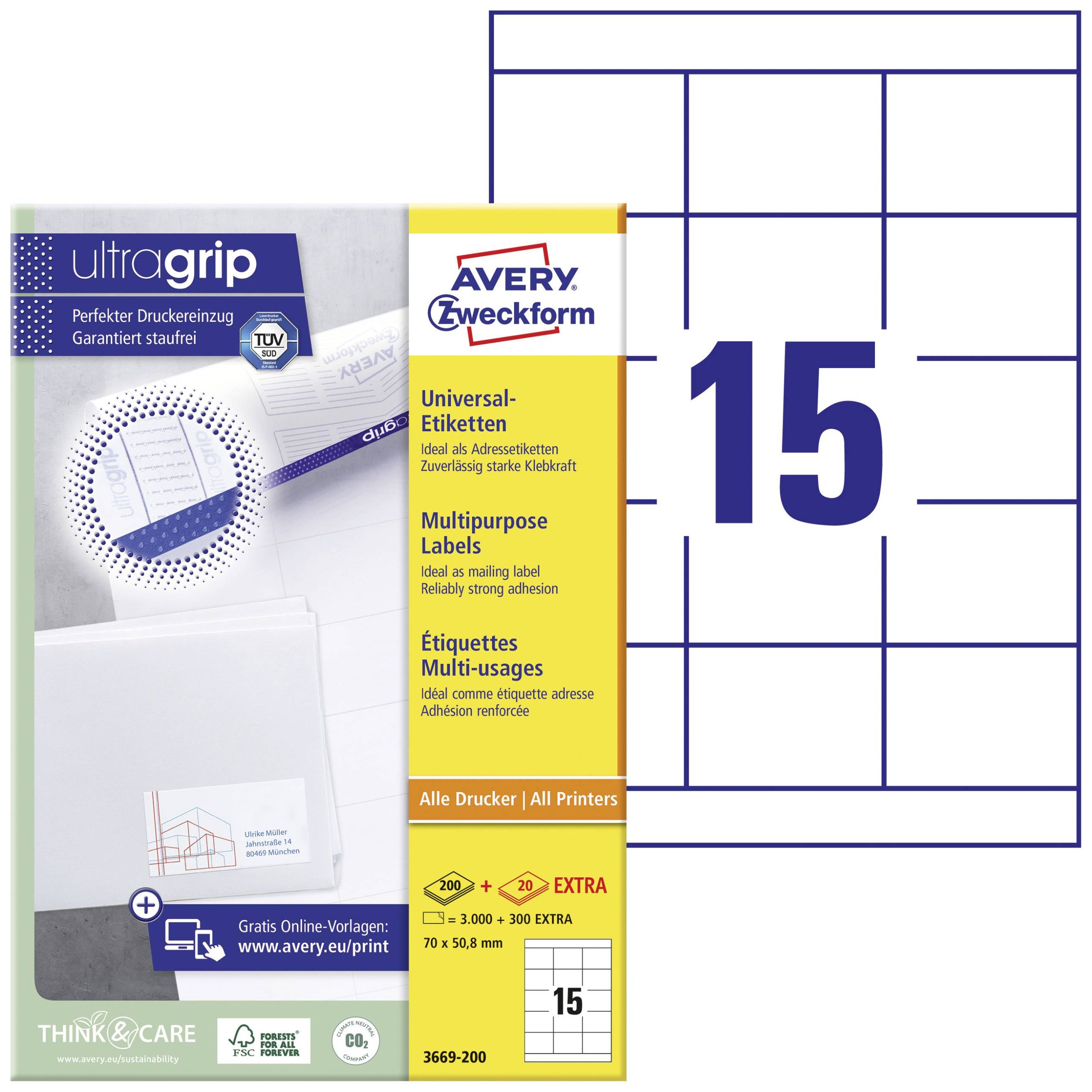 Avery-Zweckform 3669-200 Universele etiketten 70 x 50.8 mm Papier Wit 3300 stuk(s) Permanent hechtend Laser (zwart/wit),