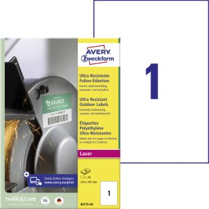 Avery-Zweckform B4775-50 Universele etiketten 210 x 297 mm Polyethyleen folie Wit 50 stuk(s) Permanent hechtend Laser (z Avery-Zweckform B4775-50 Universele etiketten 210 x 297 mm Polyethyleen folie Wit 50 stuk(s) Permanent hechtend Laser (z