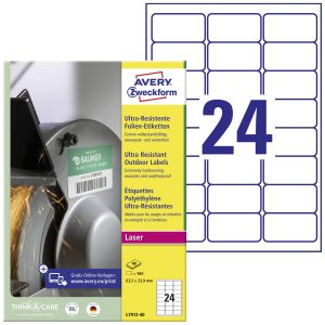 Avery-Zweckform L7912-40 Universele etiketten 63.5 x 33.9 mm Polyethyleen folie Wit 960 stuk(s) Permanent hechtend Laser Avery-Zweckform L7912-40 Universele etiketten 63.5 x 33.9 mm Polyethyleen folie Wit 960 stuk(s) Permanent hechtend Laser