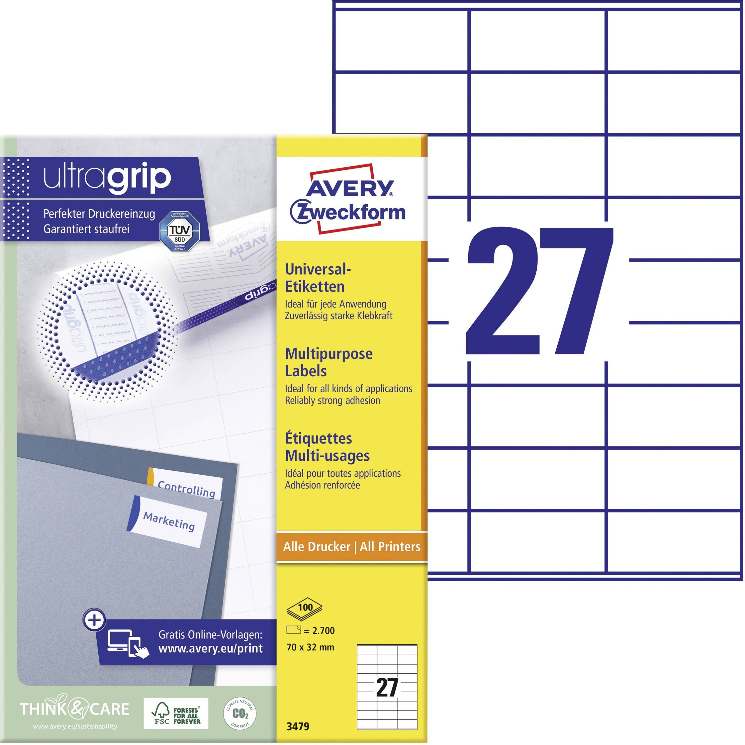 Avery-Zweckform 3479 Universele etiketten 70 x 32 mm Papier Wit 2700 stuk(s) Permanent hechtend Laser (kleur), Laser (zw