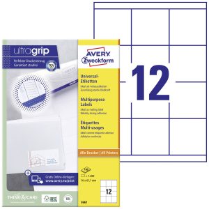 Avery Zweckform 3661 universele etiketten, permanent, met Ultragrip, 70 x 67,7 mm, inkjet, laser s/w, kleurenlaser, A4 Avery Zweckform 3661 universele etiketten, permanent, met Ultragrip, 70 x 67,7 mm, inkjet, laser s/w, kleurenlaser, A4