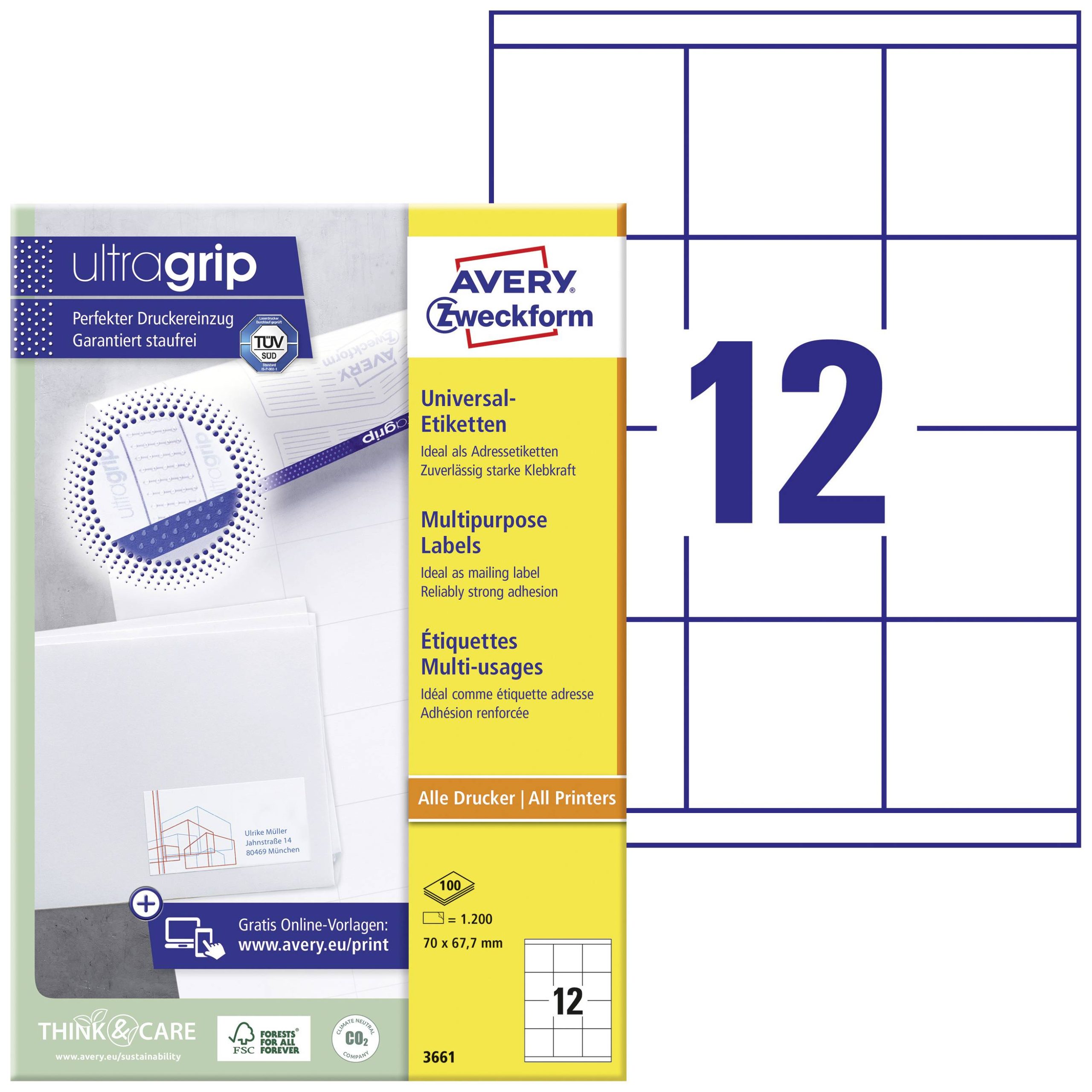 Avery Zweckform 3661 universele etiketten, permanent, met Ultragrip, 70 x 67,7 mm, inkjet, laser s/w, kleurenlaser, A4