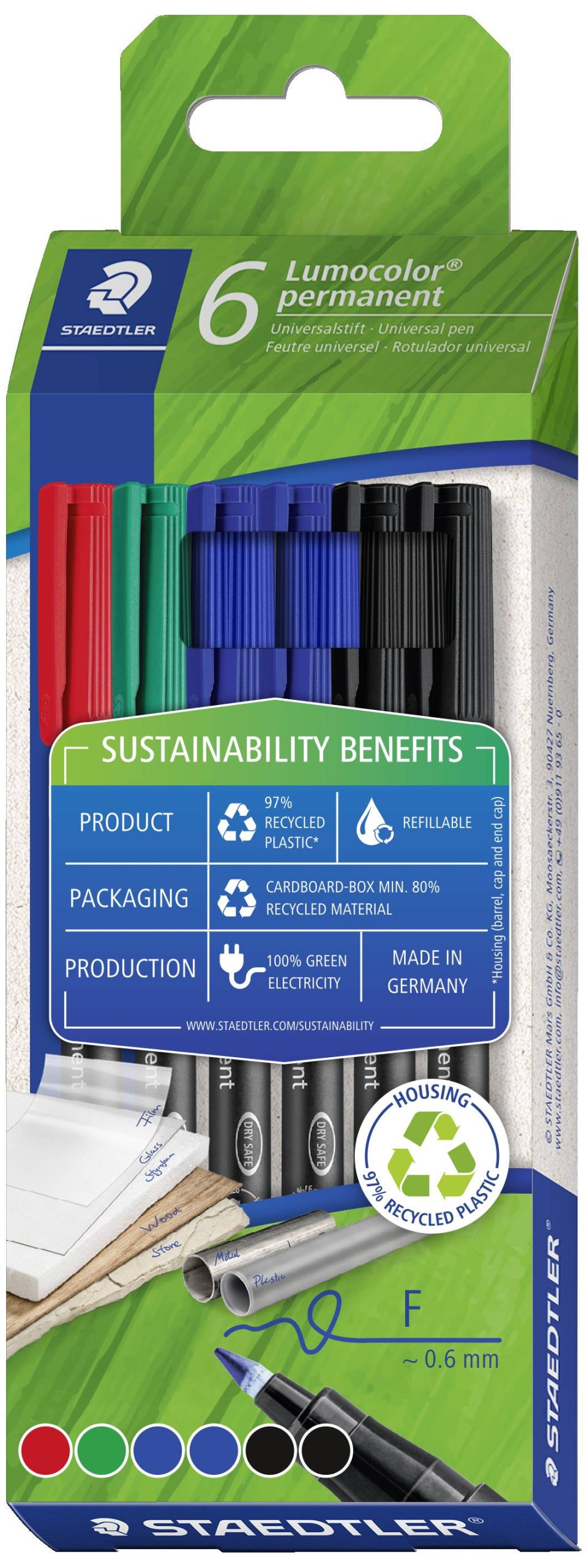 Staedtler Foliestift Lumocolor® permanent pen 318 318 C6-1 Rood, Blauw, Groen, Zwart