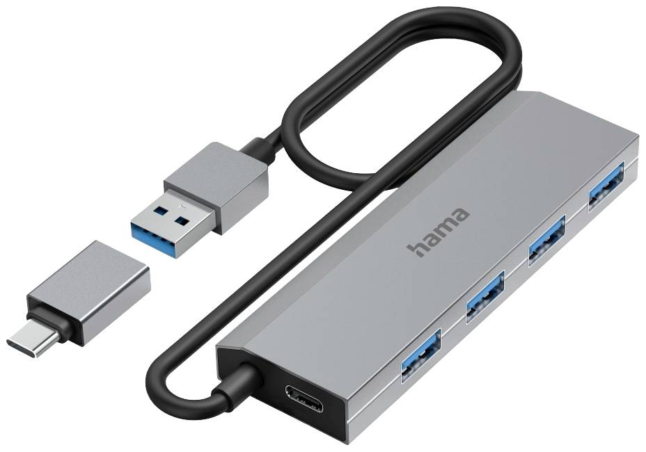 Hama 00200138 USB-hub 4 poorten USB-A USB 3.2 Gen1 5 GBit/s Met USB-C stekker Grijs