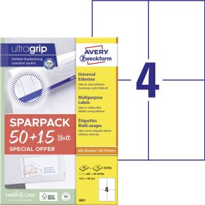 Avery-Zweckform 6601 Universele etiketten 105 x 148 mm Papier Wit 260 stuk(s) Permanent hechtend Laser (kleur), Laser (z