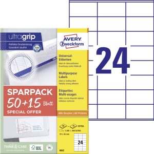 Avery-Zweckform 6602 Universele etiketten 70 x 36 mm Papier Wit 1560 stuk(s) Permanent hechtend Laser (kleur), Laser (zw