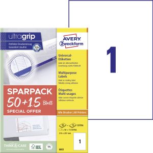 Avery-Zweckform 6603 Universele etiketten 210 x 297 mm Papier Wit 65 stuk(s) Permanent hechtend Laser (kleur), Laser (zw
