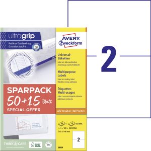 Avery-Zweckform 6604 Universele etiketten 210 x 148 mm Papier Wit 130 stuk(s) Permanent hechtend Laser (kleur), Laser (z