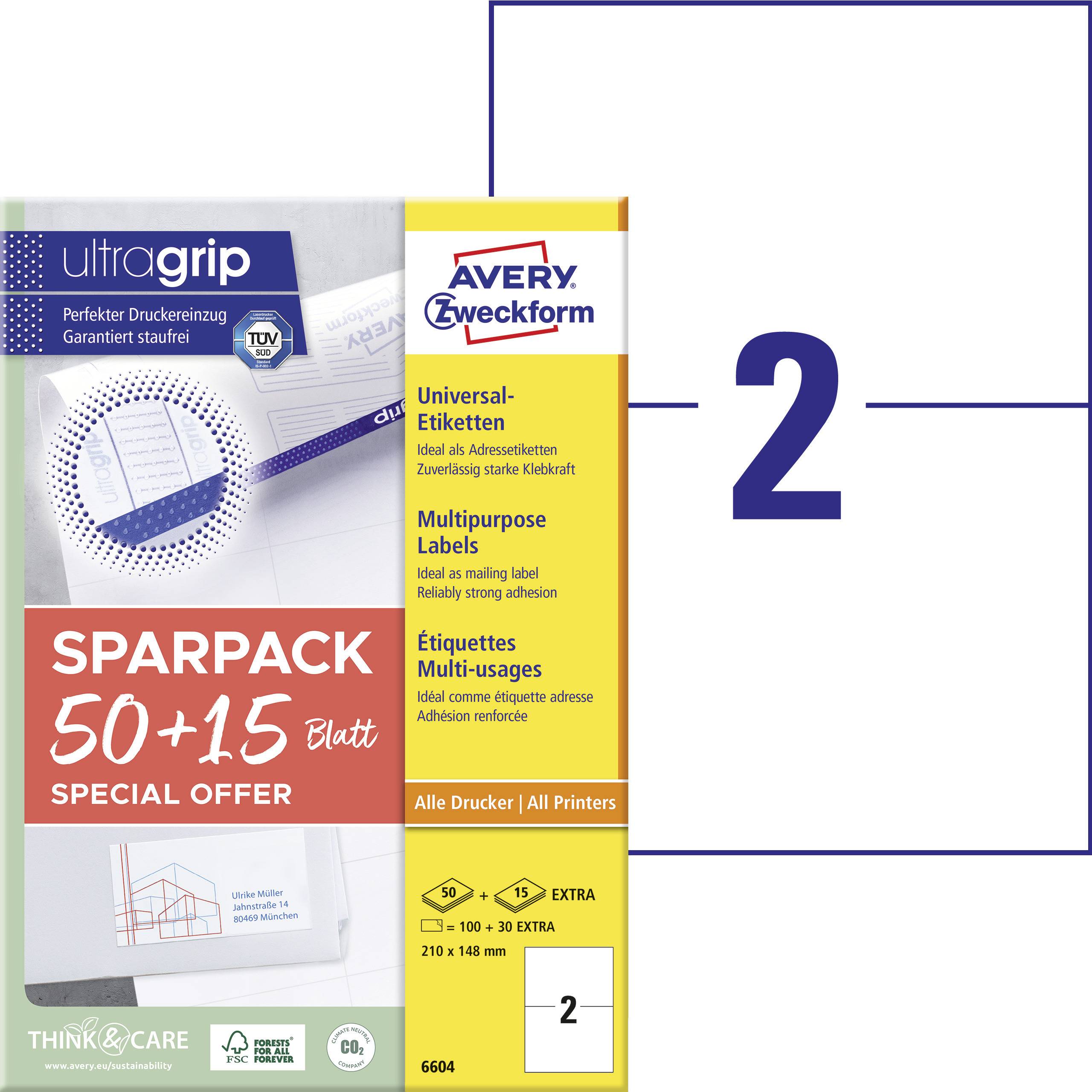 Avery-Zweckform 6604 Universele etiketten 210 x 148 mm Papier Wit 130 stuk(s) Permanent hechtend Laser (kleur), Laser (z