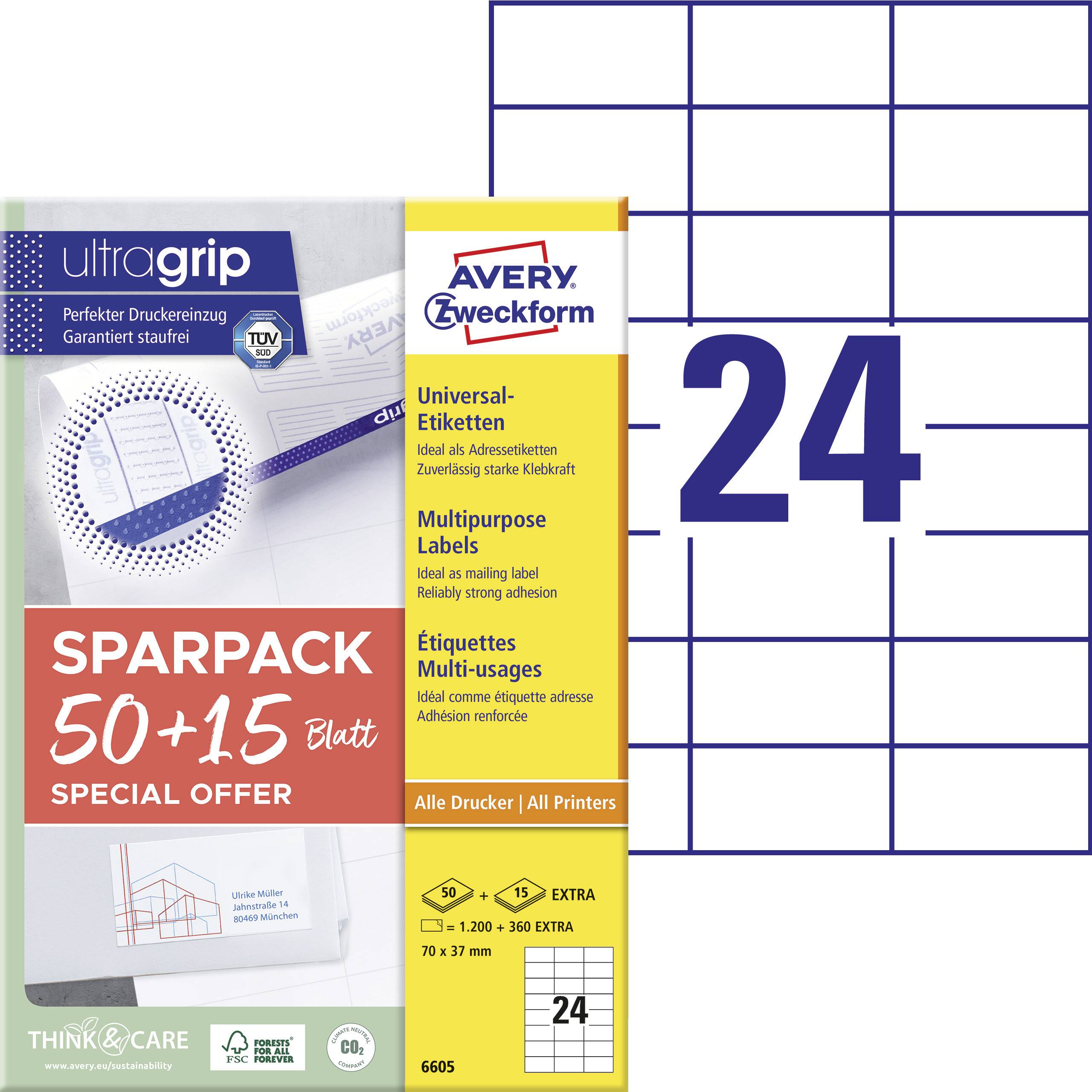 Avery-Zweckform 6605 Universele etiketten 70 x 37 mm Papier Wit 1560 stuk(s) Permanent hechtend Laser (kleur), Laser (zw