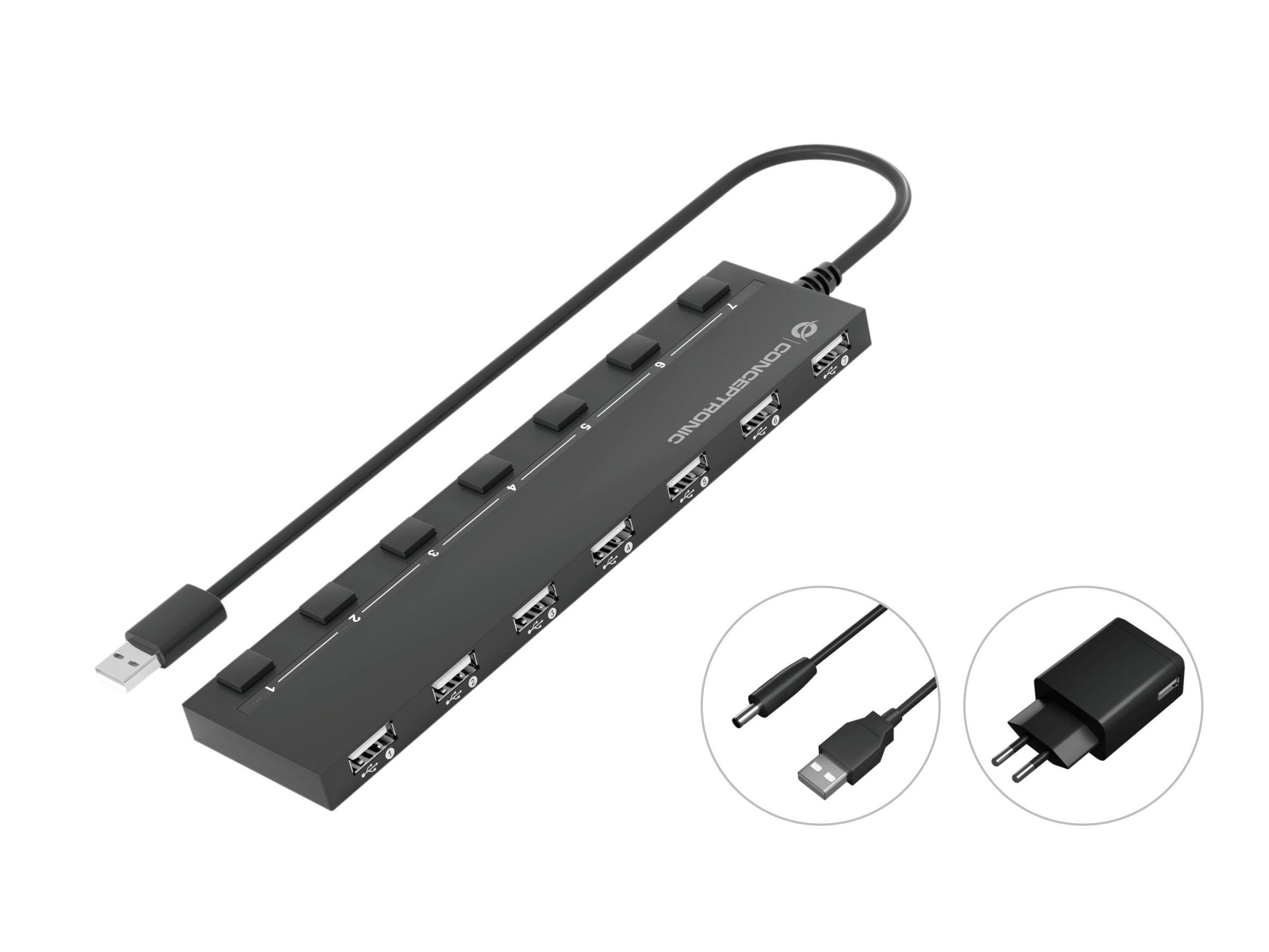 Conceptronic HUBBIES08BP HUBBIES08BP USB-hub 7 poorten USB-A USB 2.0 480 MBit/s Zwart