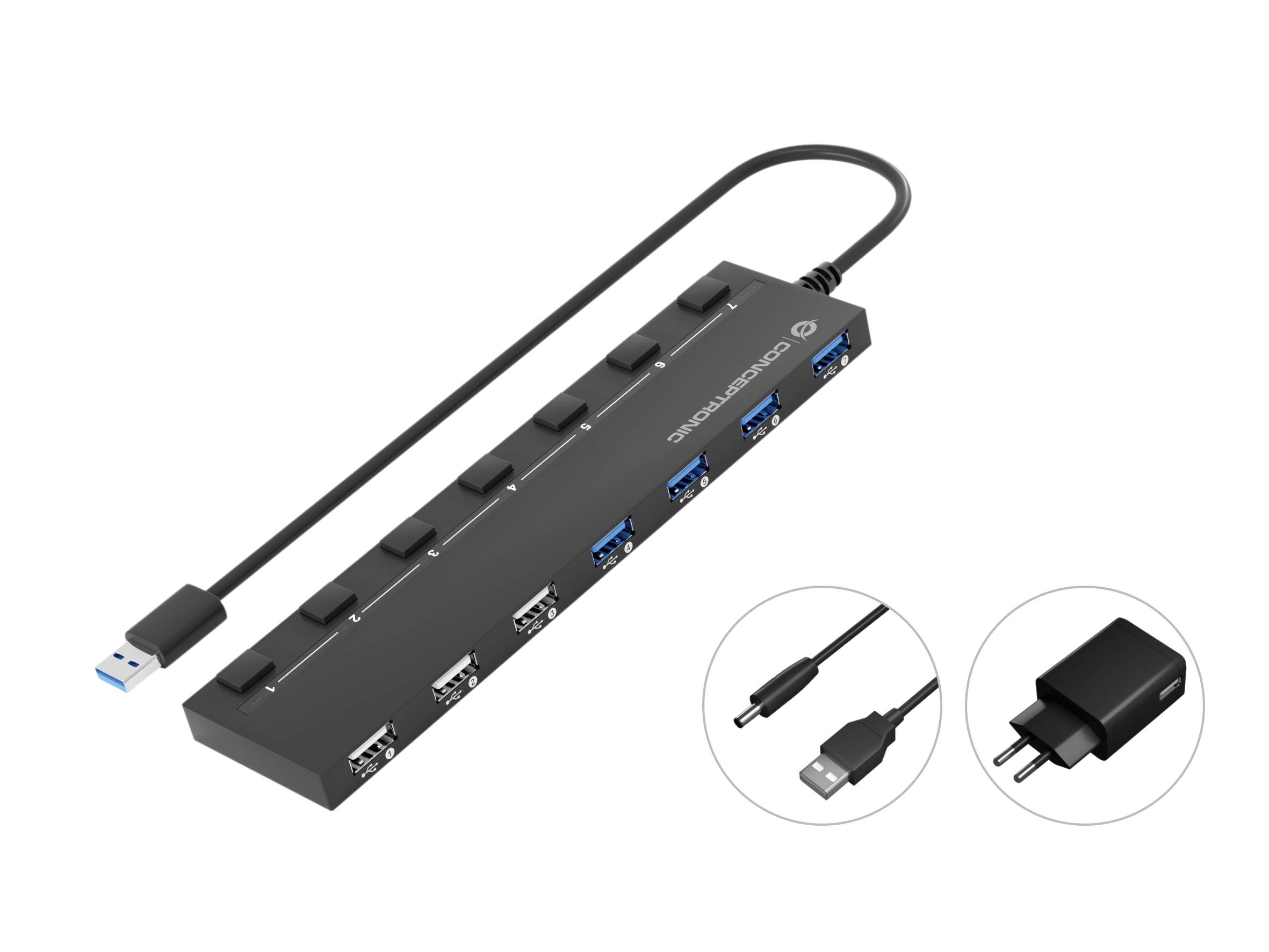 Conceptronic HUBBIES09BP HUBBIES09BP USB-hub 7 poorten USB-A USB 3.1 Gen1 5 GBit/s Zwart